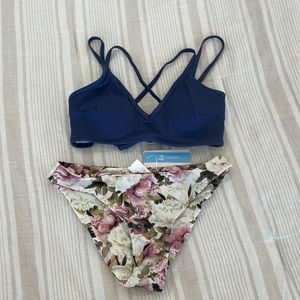 CUPSHE Blue Top with Floral Bikini Set. Blue top, floral bottom. Size small.